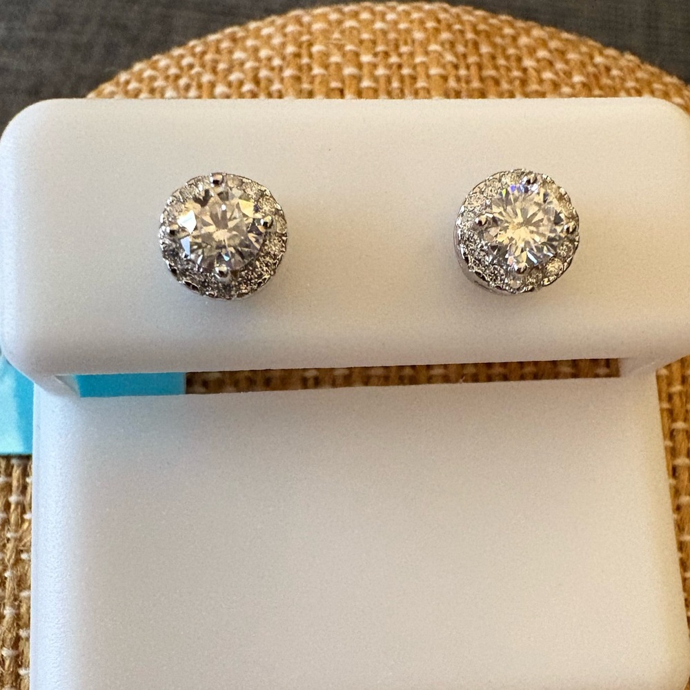 Solid Sterling Silver .59 Carat VVSD Moissanite Halo Earrings - Picture 2 of 4